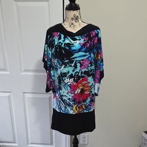 Cache Vibrant Floral Tropical Print Short Kimono Sleeve Top, Tunic, Dress Small